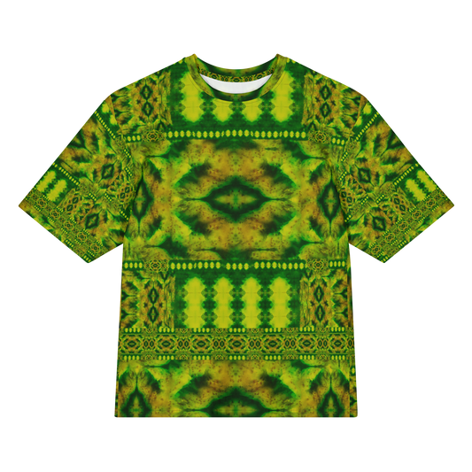 Front view of Purely Jade Light Cotton OverSized T-Shirt with ornate green-yellow horizontal chamber layout and central eye-like medallion, and patterned sleeves by RJSTH.