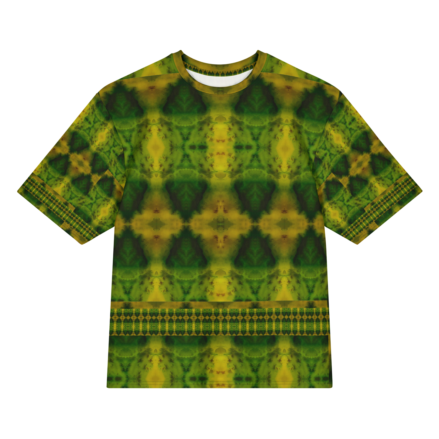 Front view of Purely Jade Light Cotton OverSized T-Shirt with dark green-yellow field, triangular mirrored chamber forms, and lower narrow lattice band, and patterned sleeves by RJSTH.