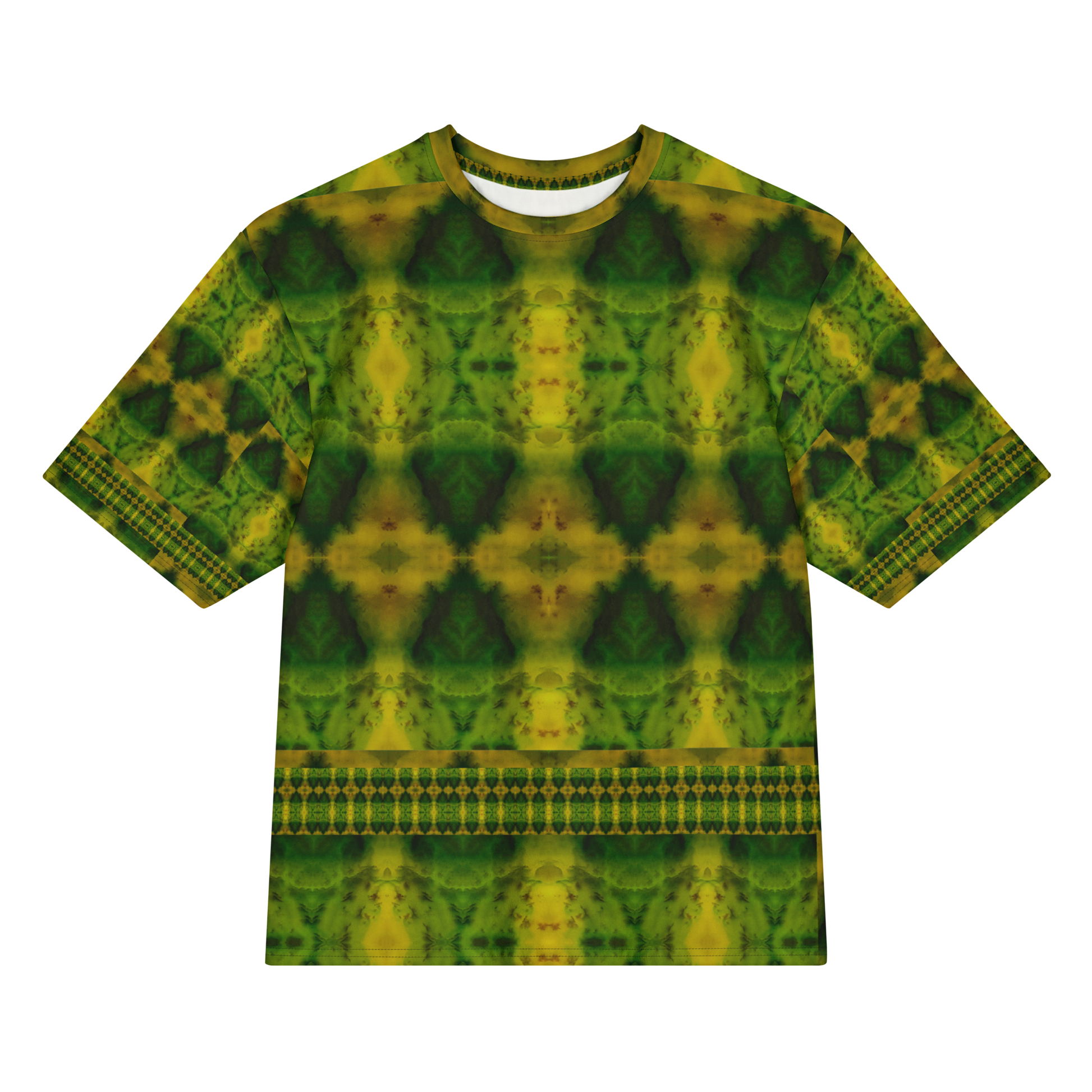 Front view of Purely Jade Light Cotton OverSized T-Shirt with dark green-yellow field, triangular mirrored chamber forms, and lower narrow lattice band, and patterned sleeves by RJSTH.