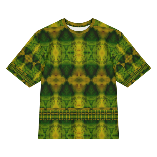 Front view of Purely Jade Light Cotton OverSized T-Shirt with dark green-yellow field, triangular mirrored chamber forms, and lower narrow lattice band, and patterned sleeves by RJSTH.