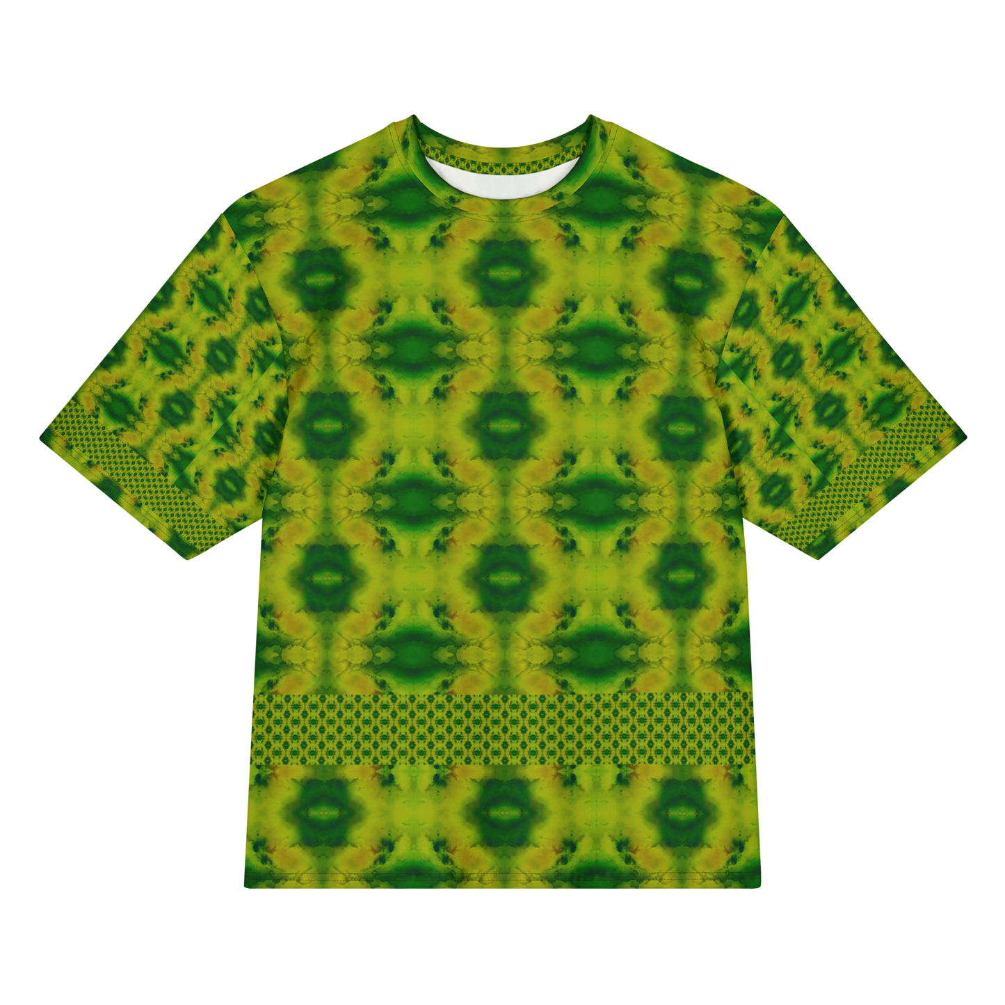 Front view of Purely Jade Light Cotton OverSized T-Shirt with yellow-green field, dark green flower medallion repeats, and lower dotted lattice band, and patterned sleeves by RJSTH.