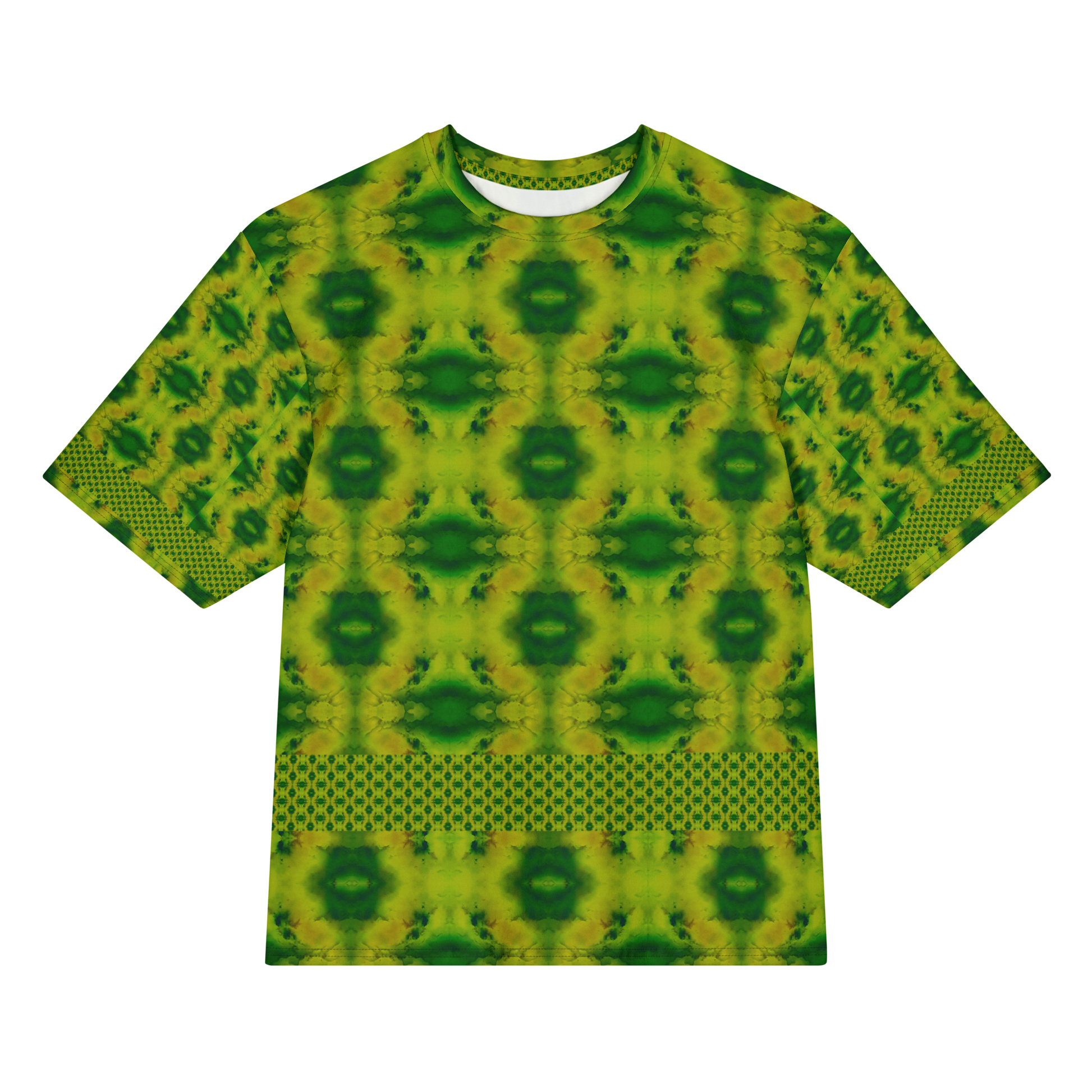 Front view of Purely Jade Light Cotton OverSized T-Shirt with yellow-green field, dark green flower medallion repeats, and lower dotted lattice band, and patterned sleeves by RJSTH.