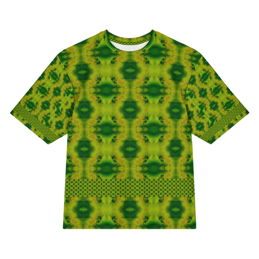 Front view of Purely Jade Light Cotton OverSized T-Shirt with yellow-green field, dark green flower medallion repeats, and lower dotted lattice band, and patterned sleeves by RJSTH.