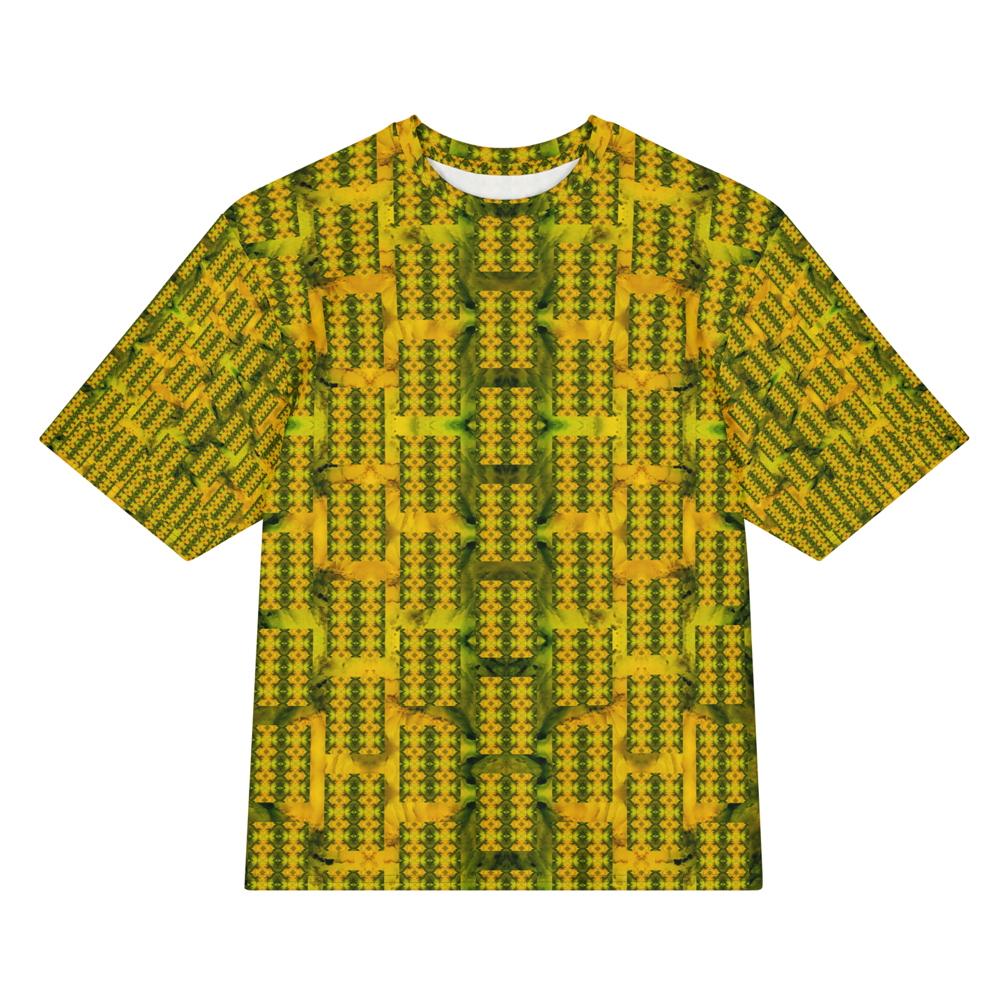 Front view of Purely Jade Light Cotton OverSized T-Shirt with yellow-gold rectangular block lattice and green vertical seams, and patterned sleeves by RJSTH.