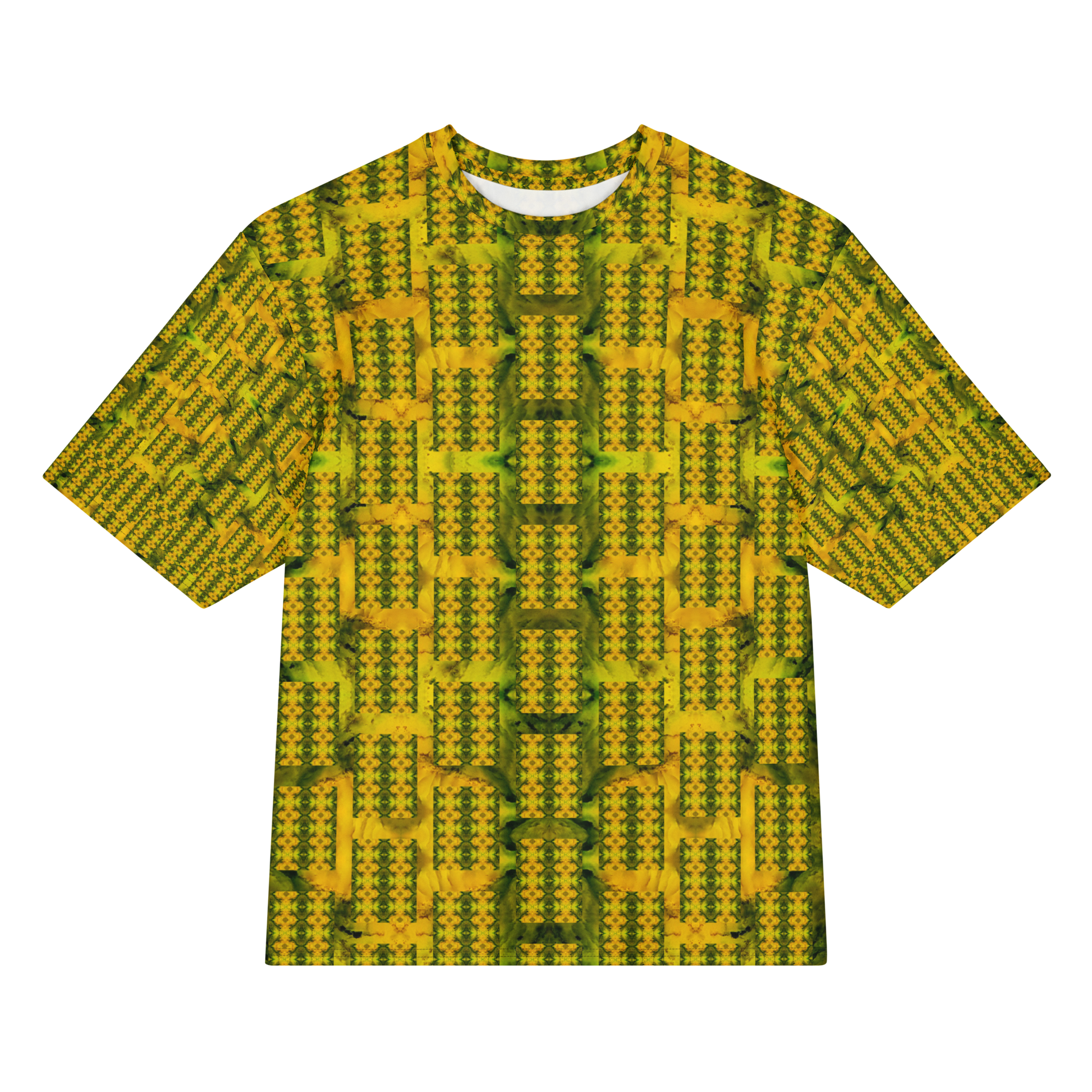Front view of Purely Jade Light Cotton OverSized T-Shirt with yellow-gold rectangular block lattice and green vertical seams, and patterned sleeves by RJSTH.