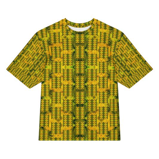 Front view of Purely Jade Light Cotton OverSized T-Shirt with yellow-gold rectangular block lattice and green vertical seams, and patterned sleeves by RJSTH.