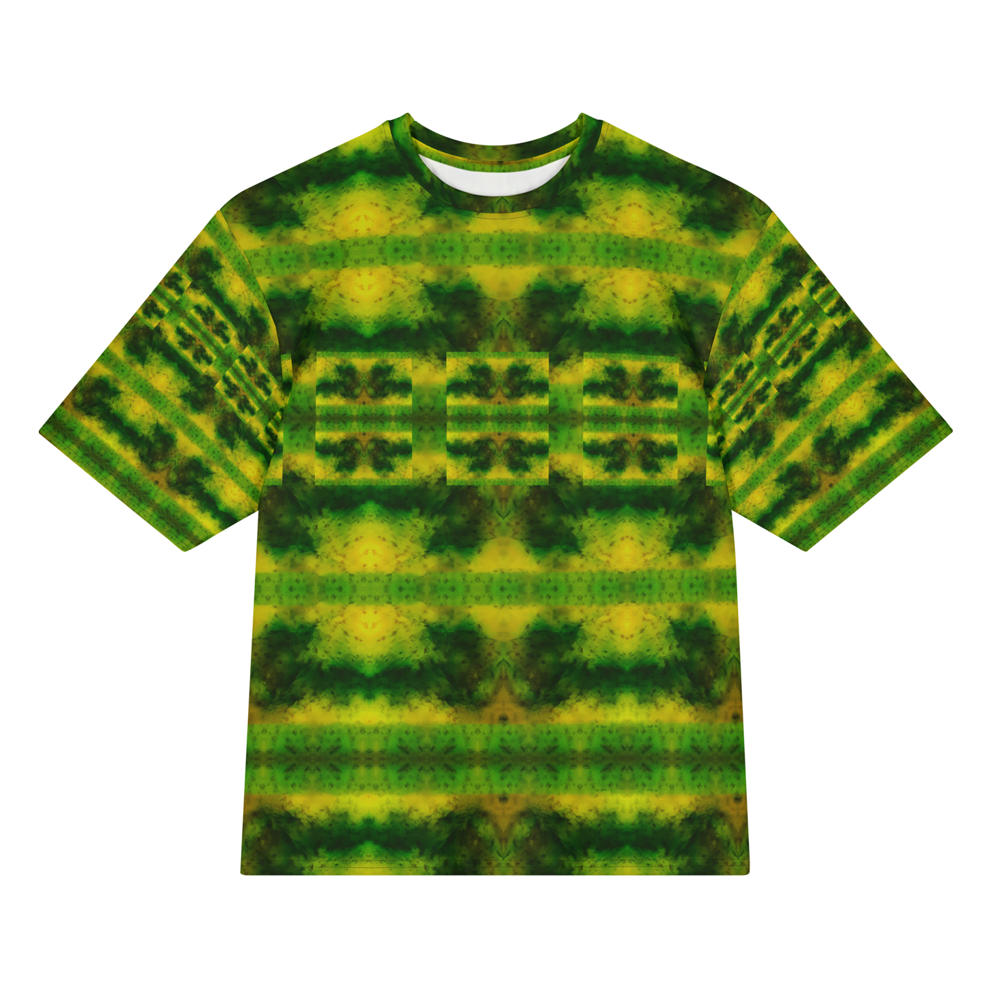 Front view of Purely Jade Light Cotton OverSized T-Shirt with green-yellow broad horizontal bands and darker green bar-like chamber shapes, and patterned sleeves by RJSTH.