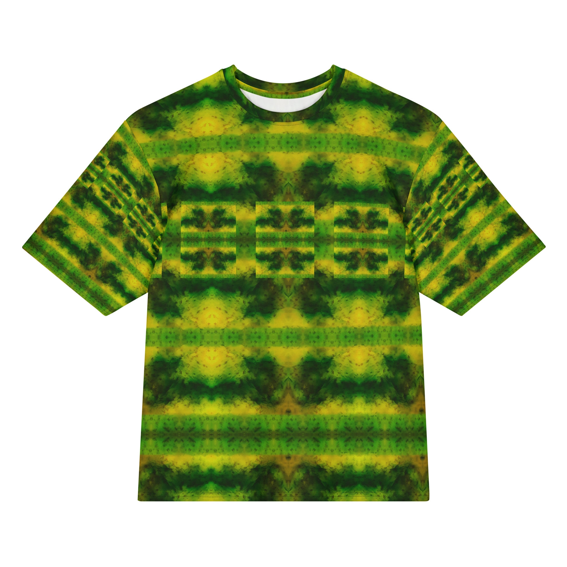 Front view of Purely Jade Light Cotton OverSized T-Shirt with green-yellow broad horizontal bands and darker green bar-like chamber shapes, and patterned sleeves by RJSTH.