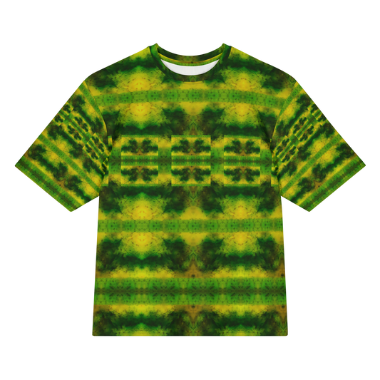 Front view of Purely Jade Light Cotton OverSized T-Shirt with green-yellow broad horizontal bands and darker green bar-like chamber shapes, and patterned sleeves by RJSTH.