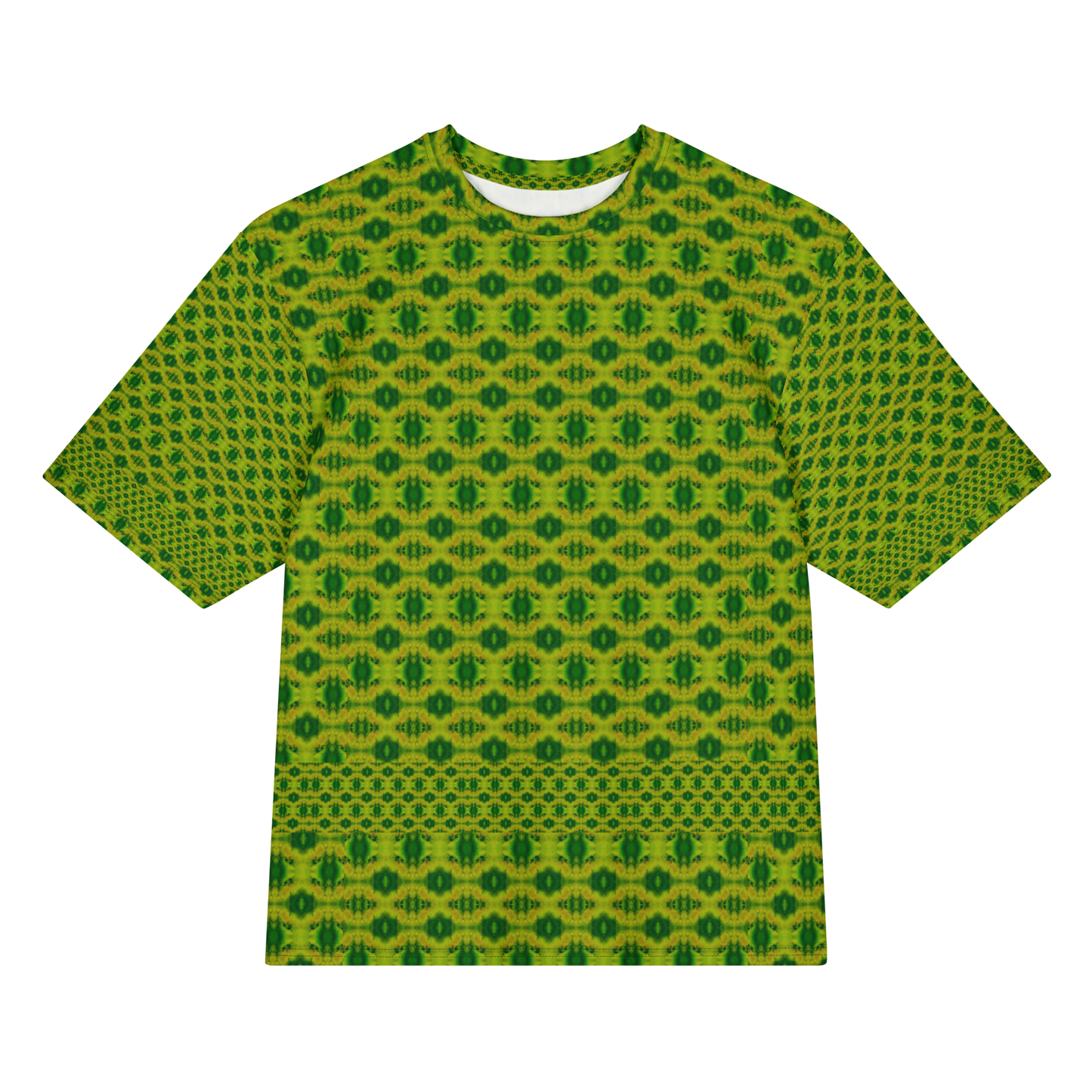 Front view of Purely Jade Light Cotton OverSized T-Shirt with yellow-green regular medallion grid and lower patterned band, and patterned sleeves by RJSTH.