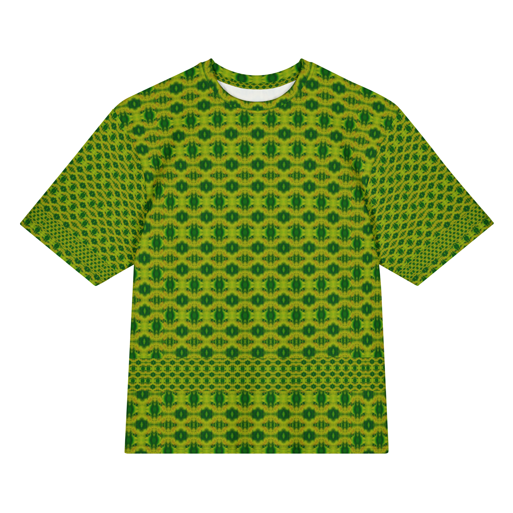 Front view of Purely Jade Light Cotton OverSized T-Shirt with yellow-green regular medallion grid and lower patterned band, and patterned sleeves by RJSTH.