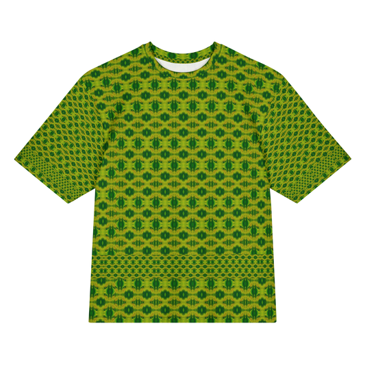 Front view of Purely Jade Light Cotton OverSized T-Shirt with yellow-green regular medallion grid and lower patterned band, and patterned sleeves by RJSTH.