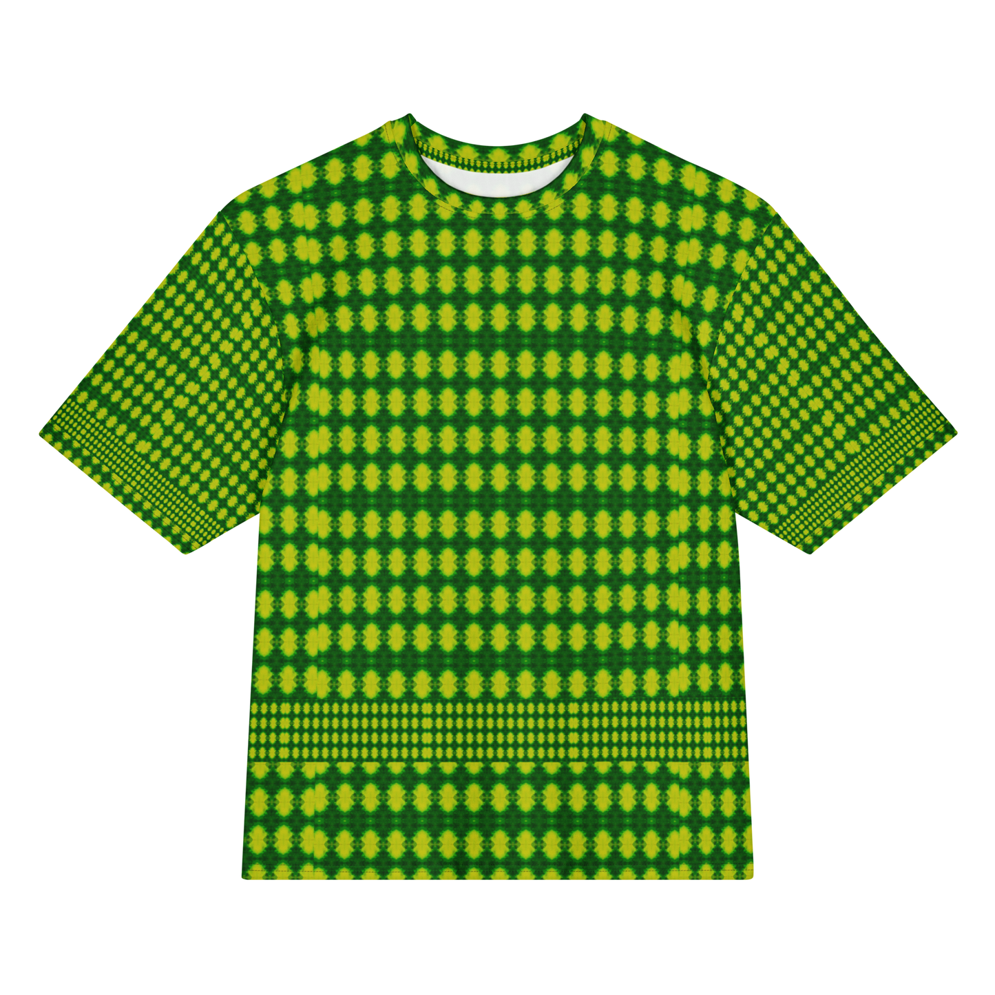 Front view of Purely Jade Light Cotton OverSized T-Shirt with bright green-yellow dotted medallion grid and strong horizontal lower band, and patterned sleeves by RJSTH.