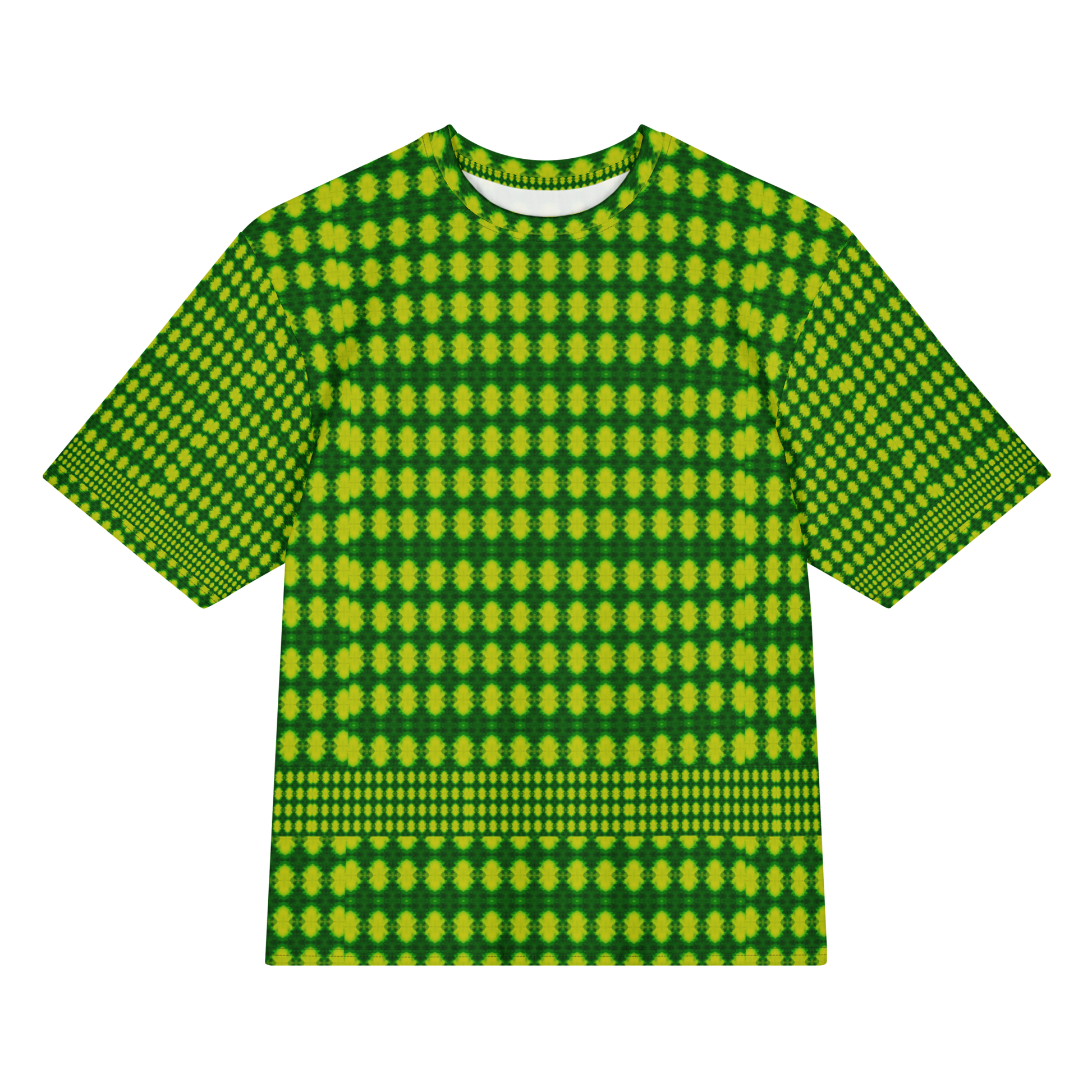 Front view of Purely Jade Light Cotton OverSized T-Shirt with bright green-yellow dotted medallion grid and strong horizontal lower band, and patterned sleeves by RJSTH.