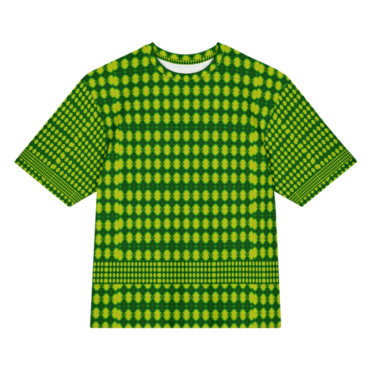 Front view of Purely Jade Light Cotton OverSized T-Shirt with bright green-yellow dotted medallion grid and strong horizontal lower band, and patterned sleeves by RJSTH.