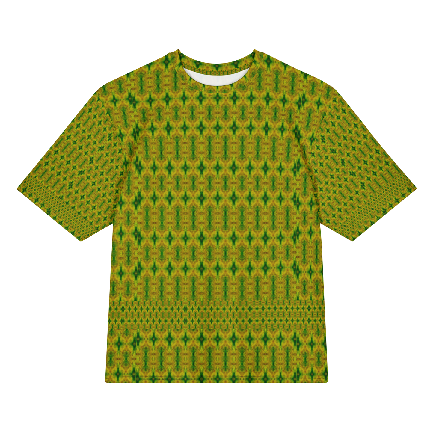 Front view of Purely Jade Light Cotton OverSized T-Shirt with gold-green dense vertical lattice, small spindle forms, and lower patterned band, and patterned sleeves by RJSTH.