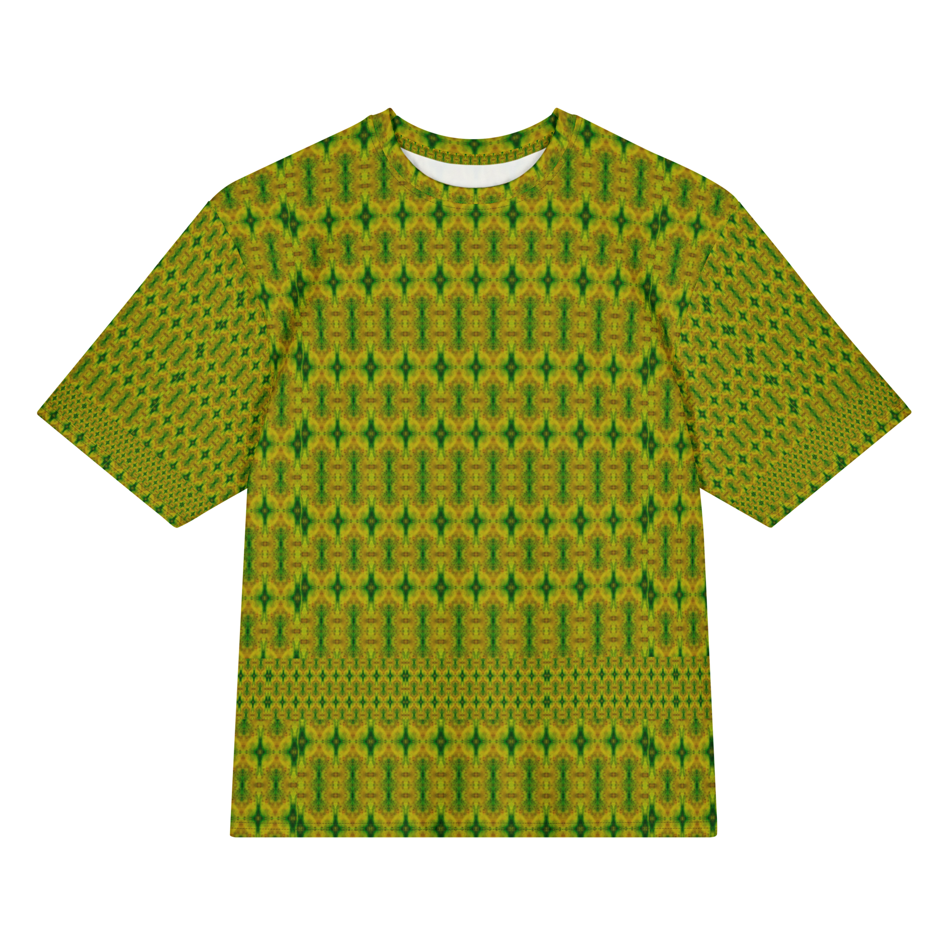 Front view of Purely Jade Light Cotton OverSized T-Shirt with gold-green dense vertical lattice, small spindle forms, and lower patterned band, and patterned sleeves by RJSTH.