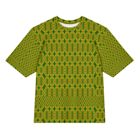 Front view of Purely Jade Light Cotton OverSized T-Shirt with gold-green dense vertical lattice, small spindle forms, and lower patterned band, and patterned sleeves by RJSTH.