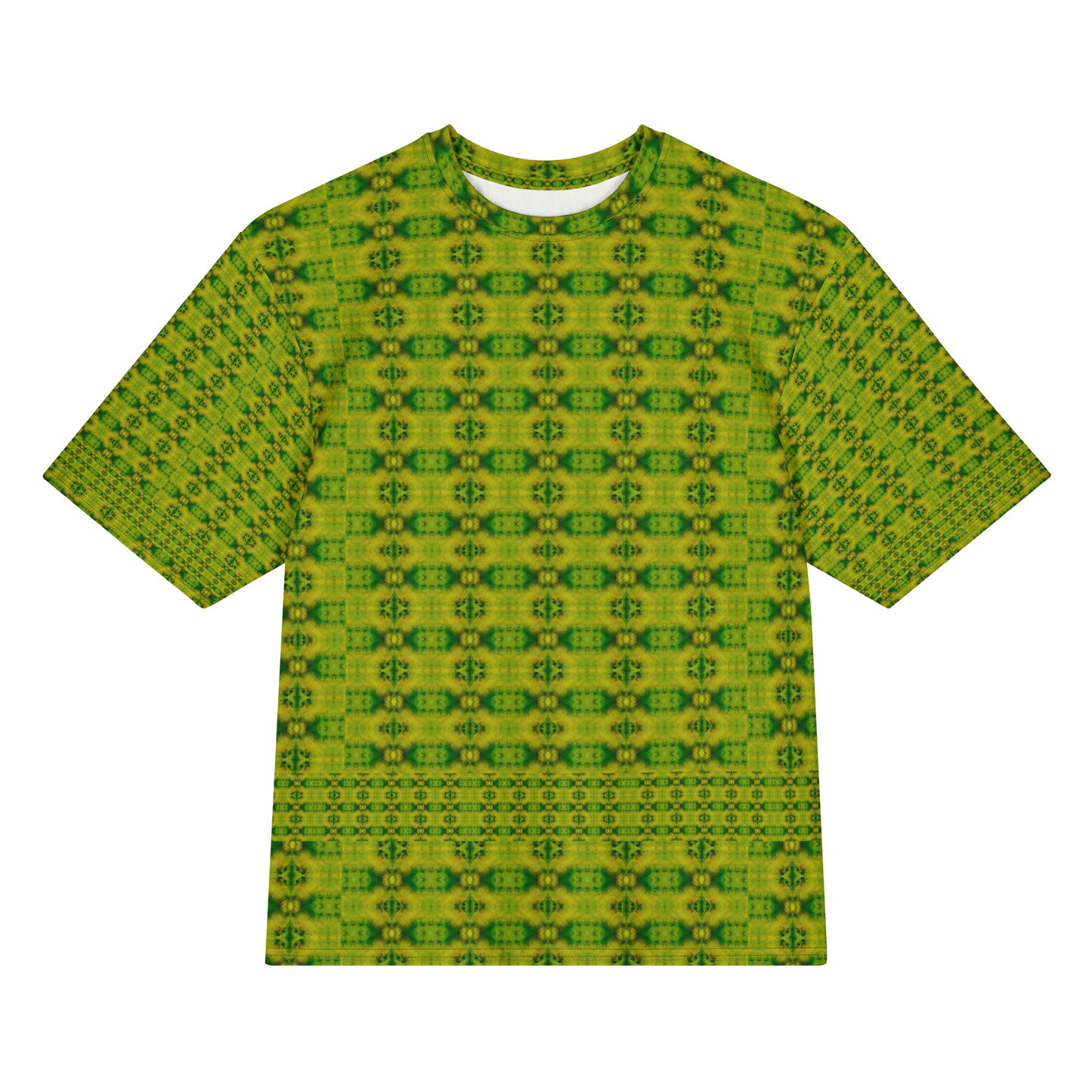 Front view of Purely Jade Light Cotton OverSized T-Shirt with yellow-green vertical small medallion columns and lower lattice band, and patterned sleeves by RJSTH.