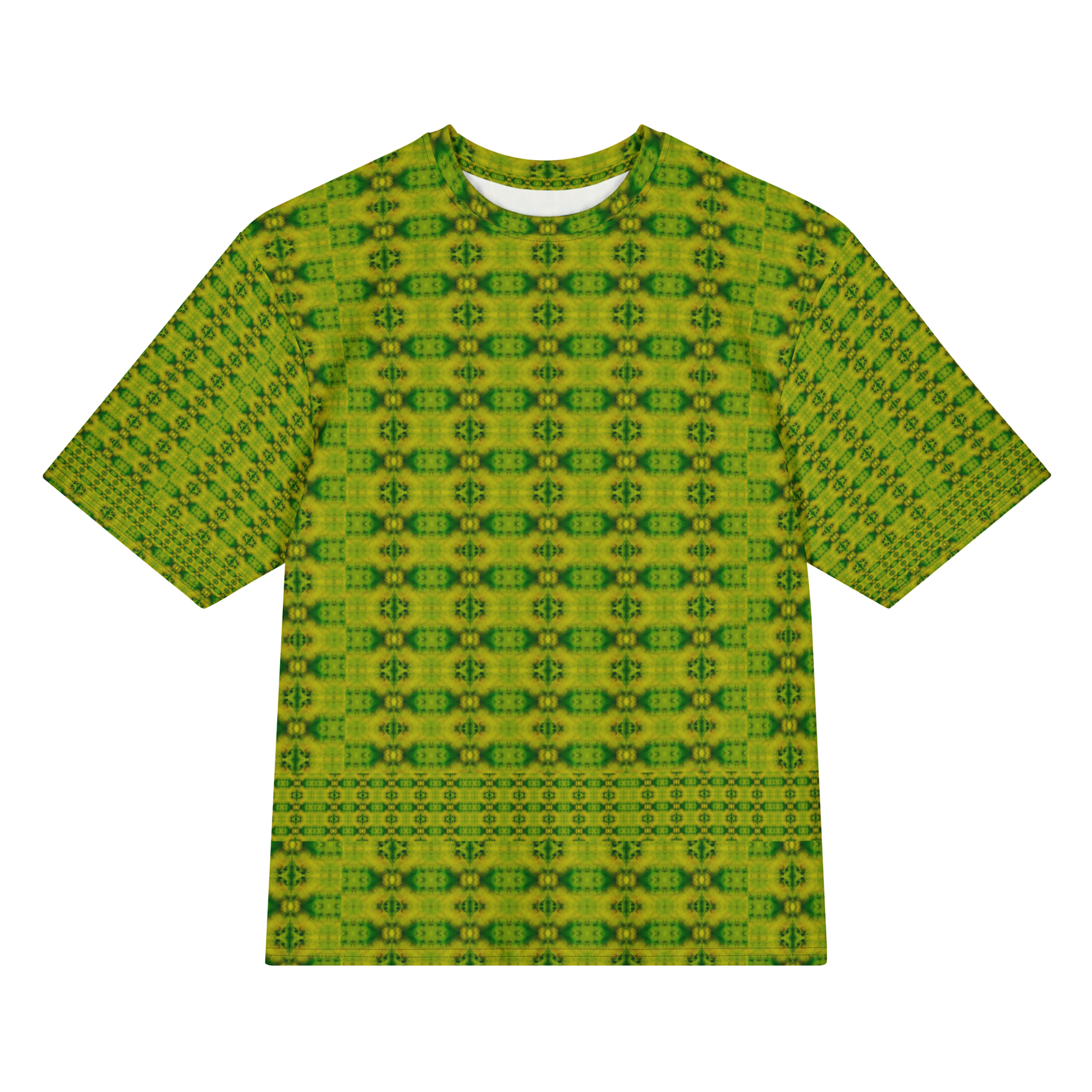Front view of Purely Jade Light Cotton OverSized T-Shirt with yellow-green vertical small medallion columns and lower lattice band, and patterned sleeves by RJSTH.