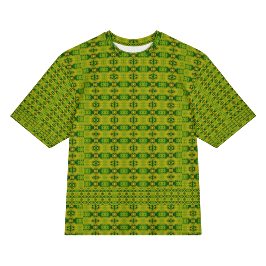 Front view of Purely Jade Light Cotton OverSized T-Shirt with yellow-green vertical small medallion columns and lower lattice band, and patterned sleeves by RJSTH.