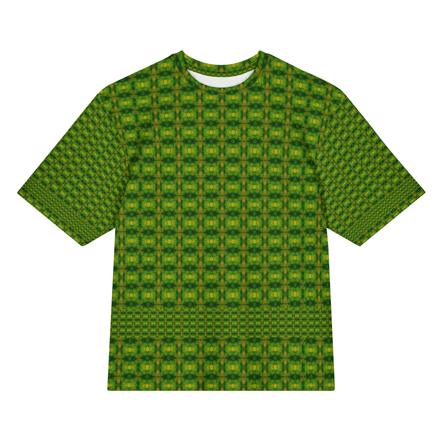 Front view of Purely Jade Light Cotton OverSized T-Shirt with green-yellow grid medallion repeat and lower lattice band, and patterned sleeves by RJSTH.