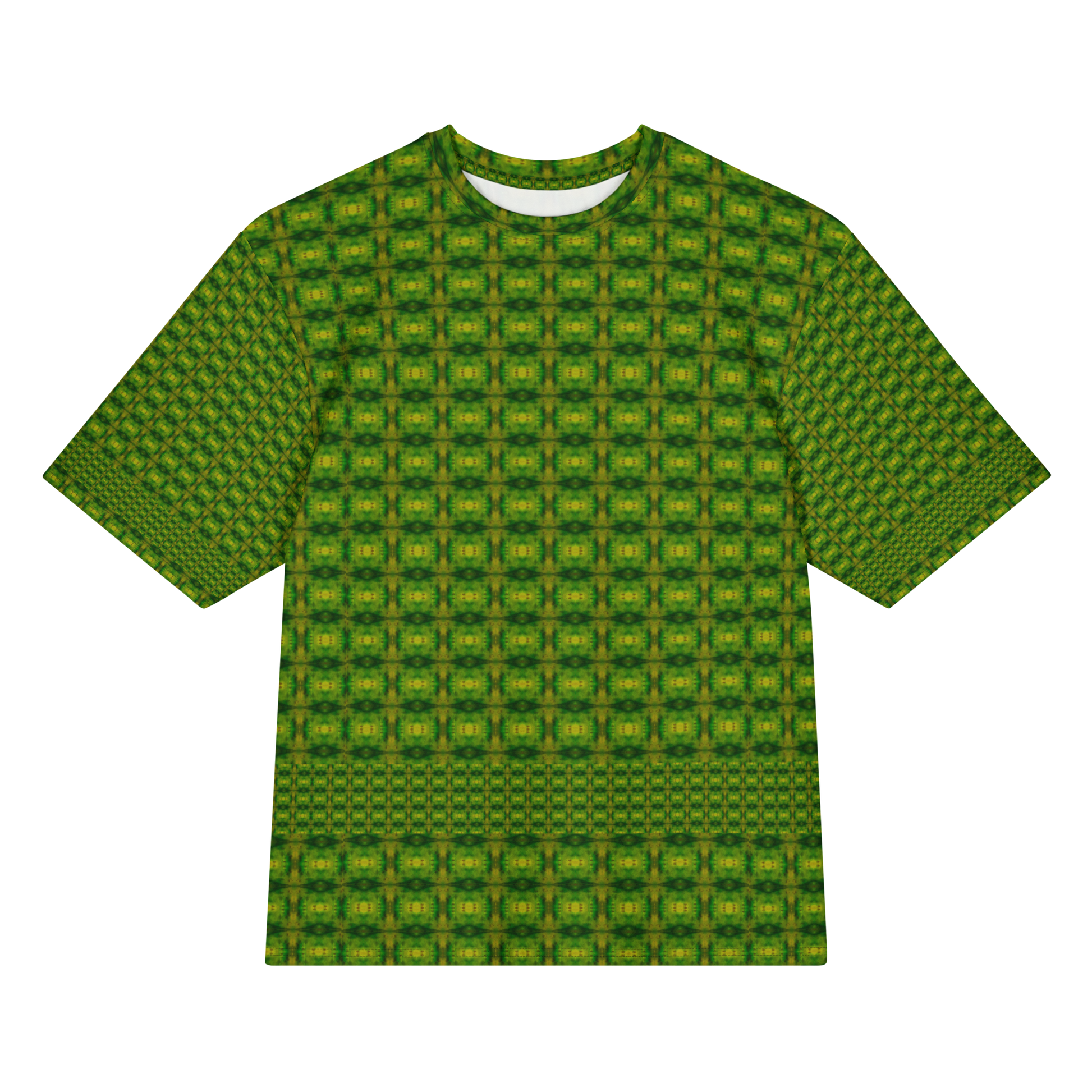 Front view of Purely Jade Light Cotton OverSized T-Shirt with green-yellow grid medallion repeat and lower lattice band, and patterned sleeves by RJSTH.