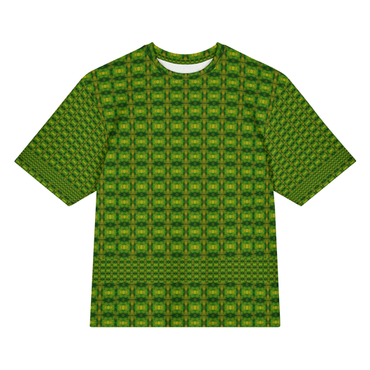 Front view of Purely Jade Light Cotton OverSized T-Shirt with green-yellow grid medallion repeat and lower lattice band, and patterned sleeves by RJSTH.