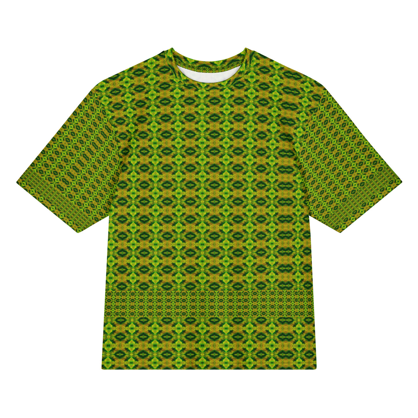 Front view of Purely Jade Light Cotton OverSized T-Shirt with tight yellow-green diamond lattice repeat and lower patterned band, and patterned sleeves by RJSTH.