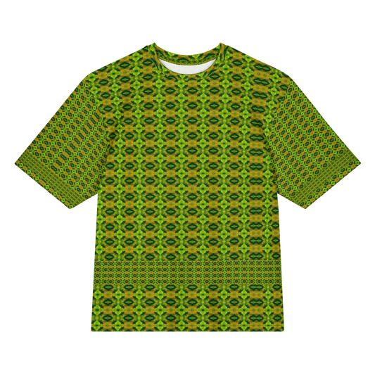 Front view of Purely Jade Light Cotton OverSized T-Shirt with tight yellow-green diamond lattice repeat and lower patterned band, and patterned sleeves by RJSTH.