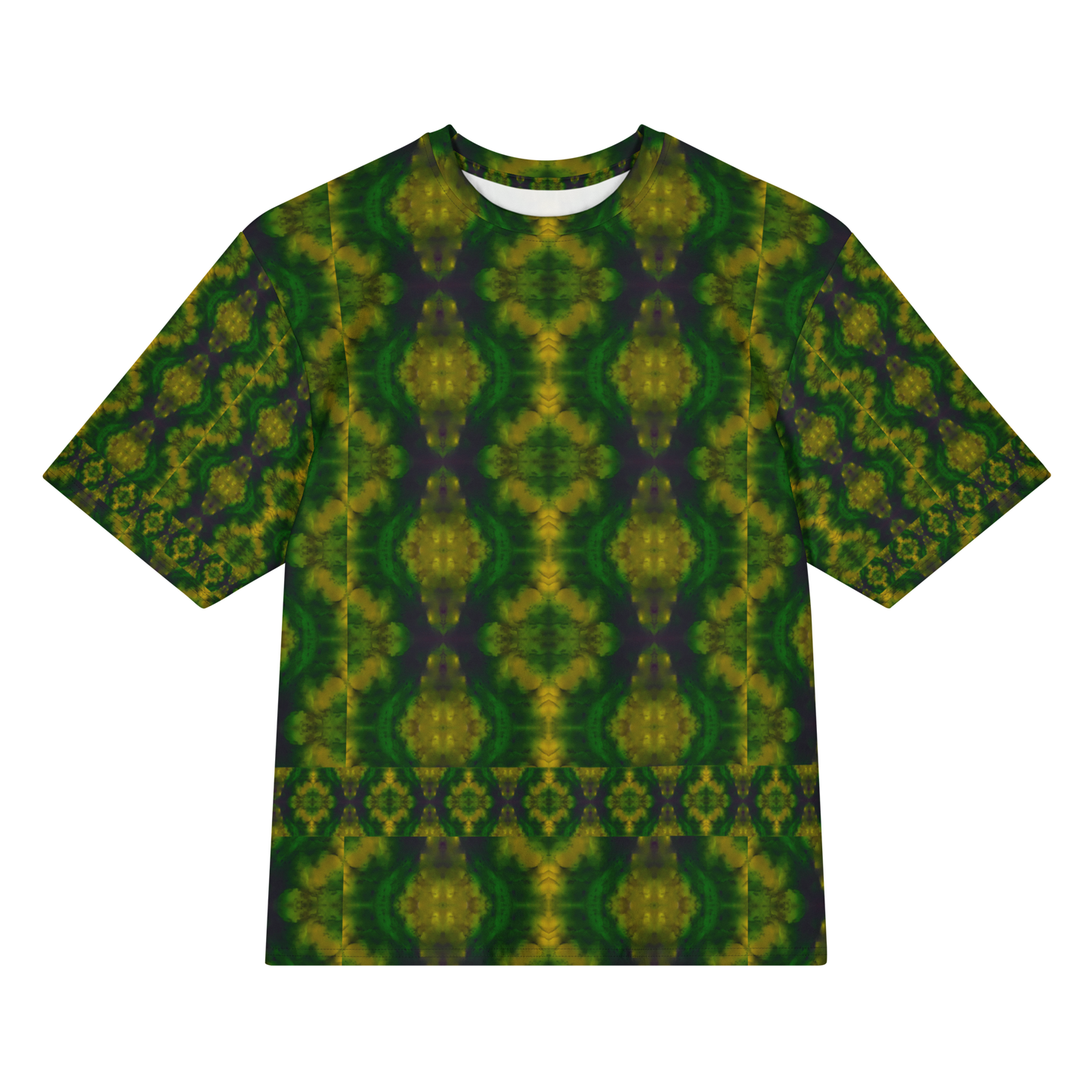 Front view of Purely Jade Light Cotton OverSized T-Shirt with dark green field, large yellow medallion oval forms, and lower horizontal band, and patterned sleeves by RJSTH.