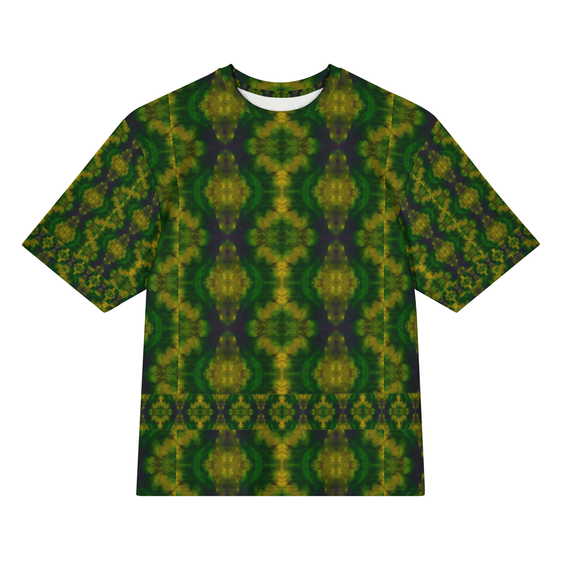 Front view of Purely Jade Light Cotton OverSized T-Shirt with dark green field, large yellow medallion oval forms, and lower horizontal band, and patterned sleeves by RJSTH.