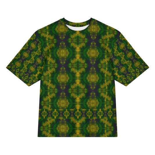 Front view of Purely Jade Light Cotton OverSized T-Shirt with dark green field, large yellow medallion oval forms, and lower horizontal band, and patterned sleeves by RJSTH.