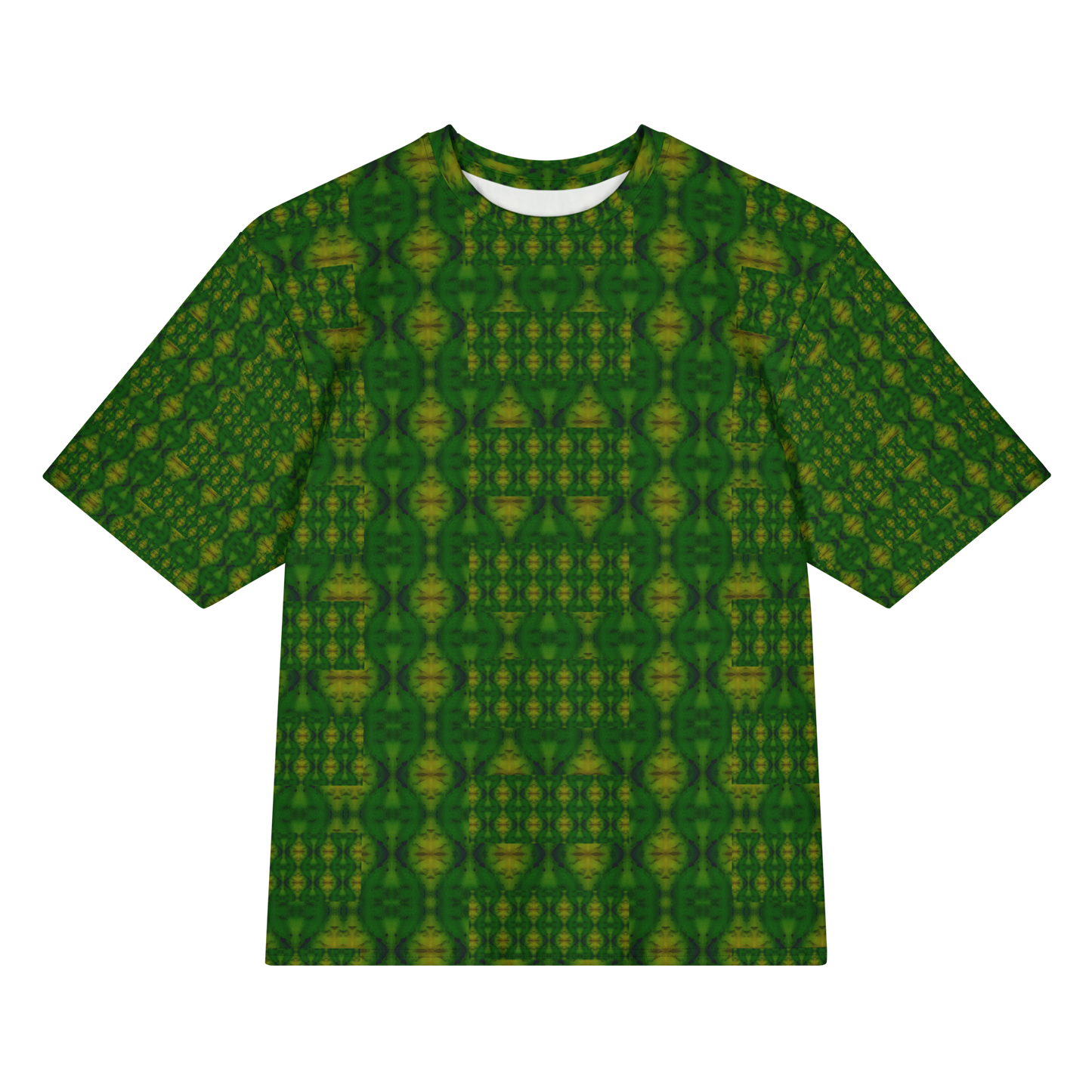 Front view of Purely Jade Light Cotton OverSized T-Shirt with green-dominant vertical lattice columns and small yellow medallions, and patterned sleeves by RJSTH.