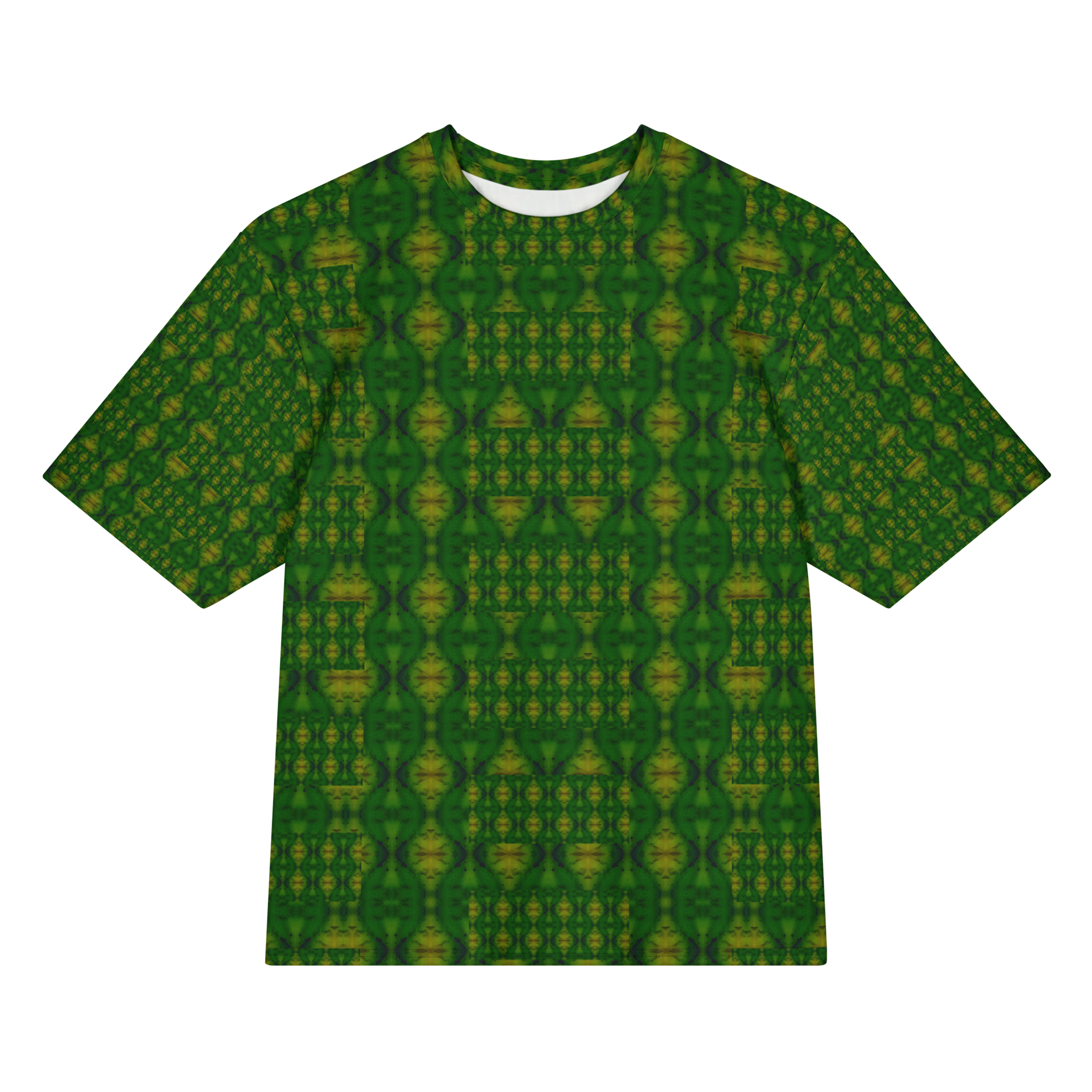 Front view of Purely Jade Light Cotton OverSized T-Shirt with green-dominant vertical lattice columns and small yellow medallions, and patterned sleeves by RJSTH.