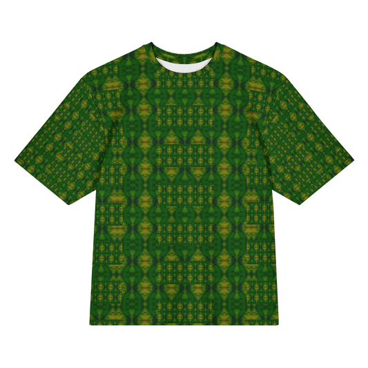 Front view of Purely Jade Light Cotton OverSized T-Shirt with green-dominant vertical lattice columns and small yellow medallions, and patterned sleeves by RJSTH.