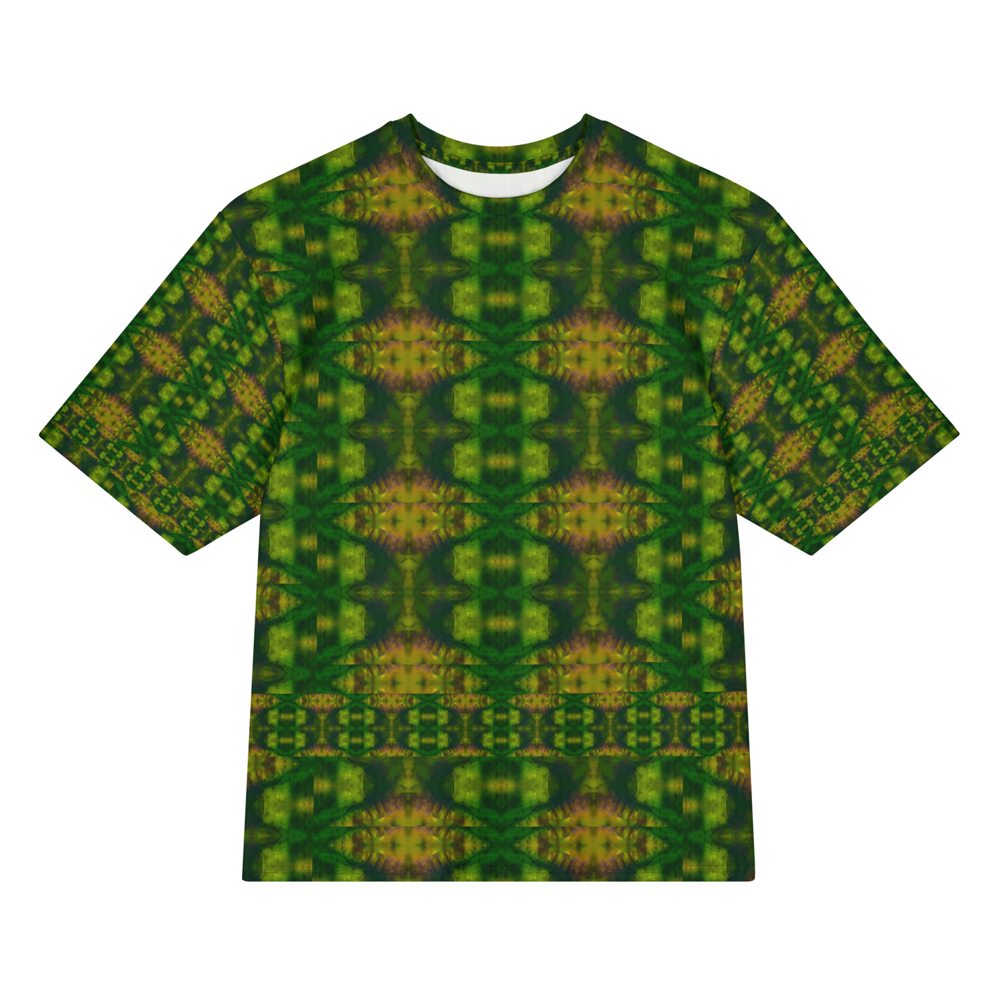 Front view of Purely Jade Light Cotton OverSized T-Shirt with dark green mirrored field, gold-orange central seams, and medallion rows, and patterned sleeves by RJSTH.