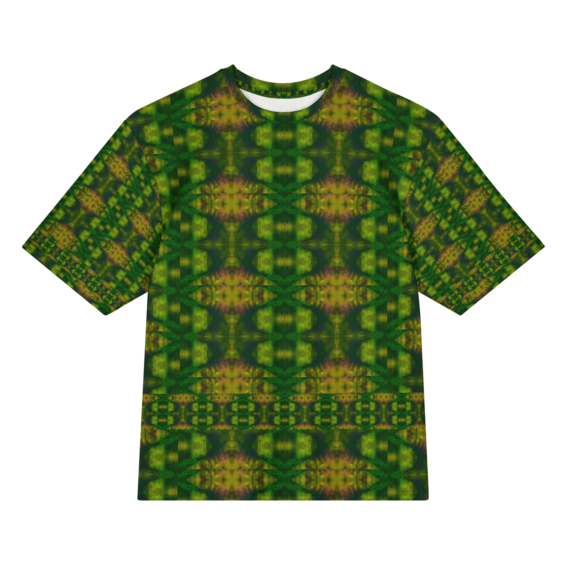 Front view of Purely Jade Light Cotton OverSized T-Shirt with dark green mirrored field, gold-orange central seams, and medallion rows, and patterned sleeves by RJSTH.