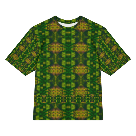 Front view of Purely Jade Light Cotton OverSized T-Shirt with dark green mirrored field, gold-orange central seams, and medallion rows, and patterned sleeves by RJSTH.