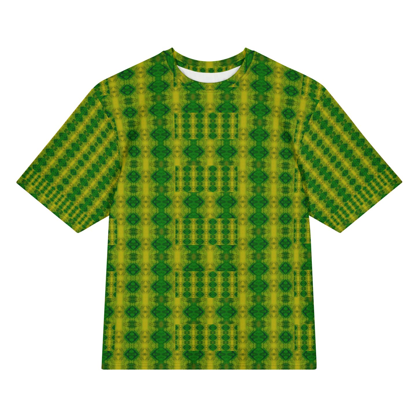 Front view of Purely Jade Light Cotton OverSized T-Shirt with green-yellow vertical column pattern and dark green diamond medallion motifs, and patterned sleeves by RJSTH.