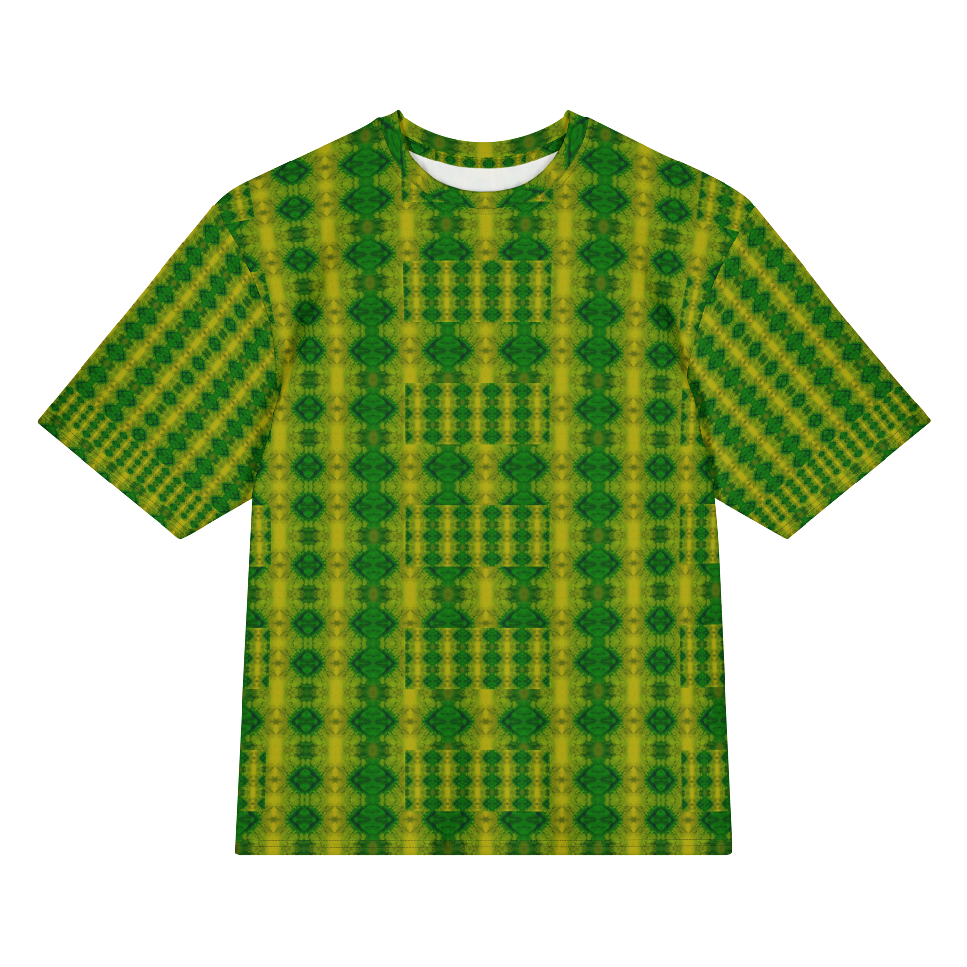 Front view of Purely Jade Light Cotton OverSized T-Shirt with green-yellow vertical column pattern and dark green diamond medallion motifs, and patterned sleeves by RJSTH.