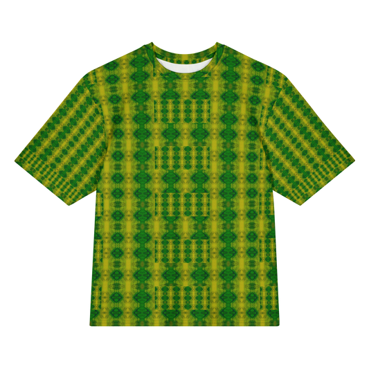 Front view of Purely Jade Light Cotton OverSized T-Shirt with green-yellow vertical column pattern and dark green diamond medallion motifs, and patterned sleeves by RJSTH.