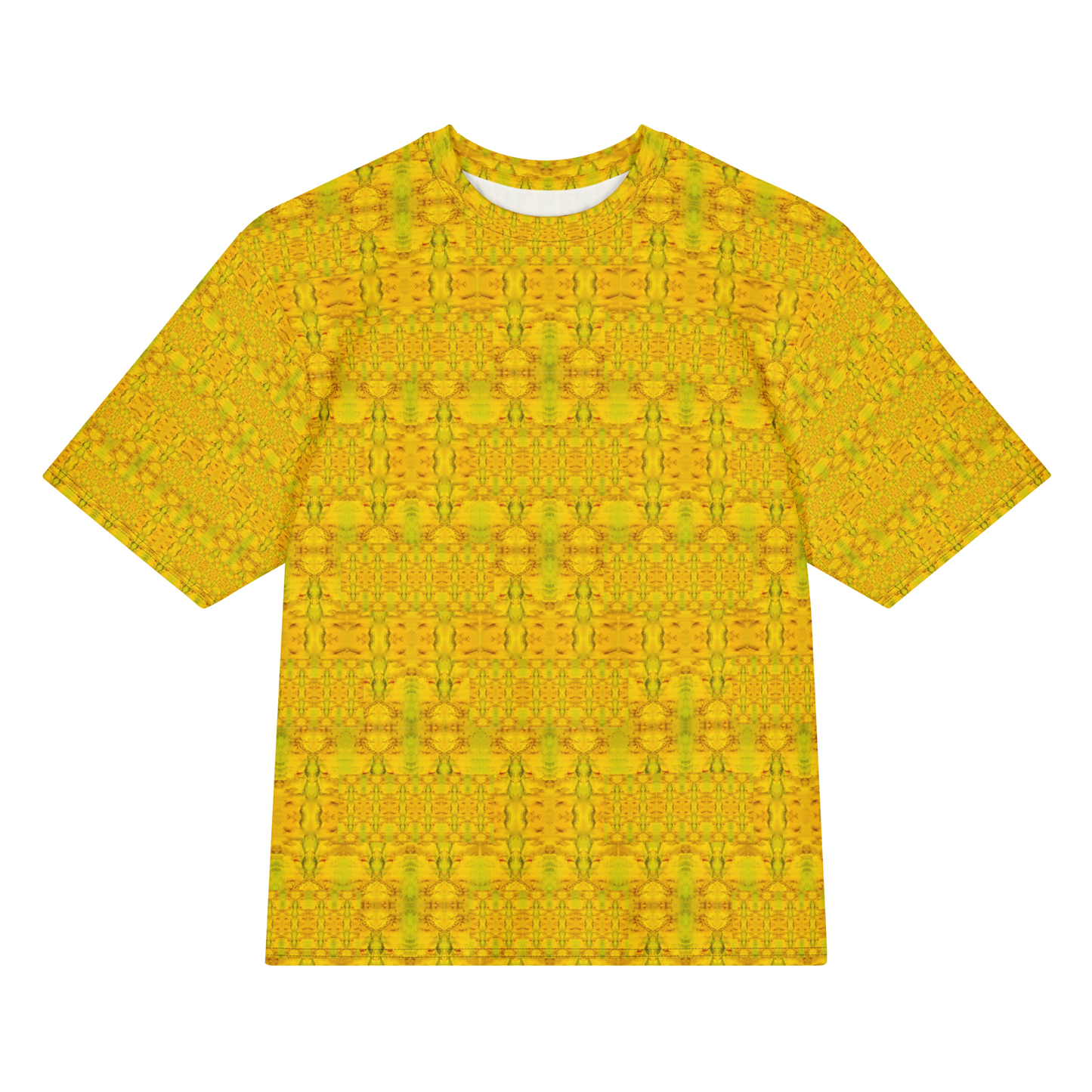 Front view of Purely Jade Light Cotton OverSized T-Shirt with gold-dominant yellow jade field, fine green vertical lattice, and subtle horizontal bands, and patterned sleeves by RJSTH.