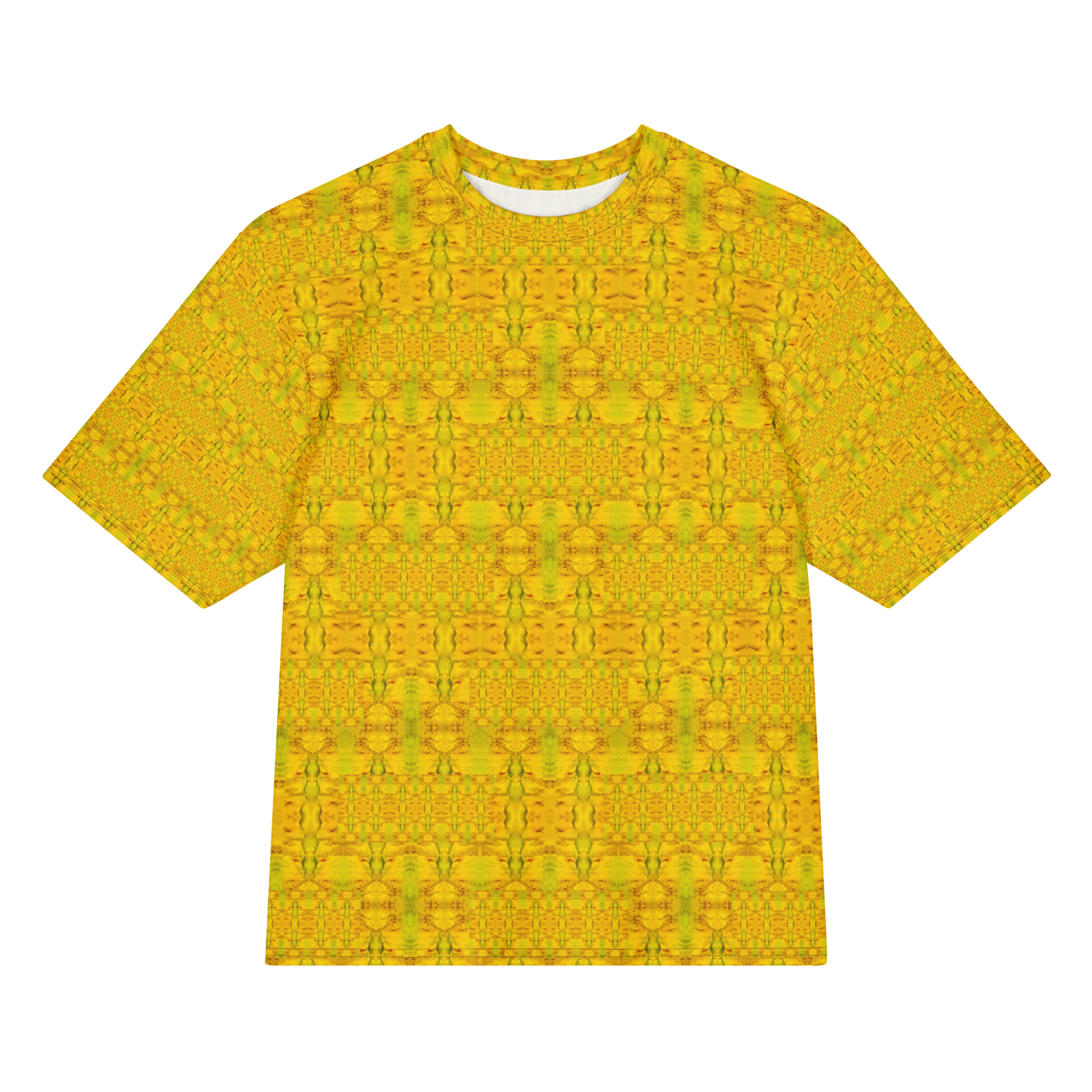 Front view of Purely Jade Light Cotton OverSized T-Shirt with gold-dominant yellow jade field, fine green vertical lattice, and subtle horizontal bands, and patterned sleeves by RJSTH.
