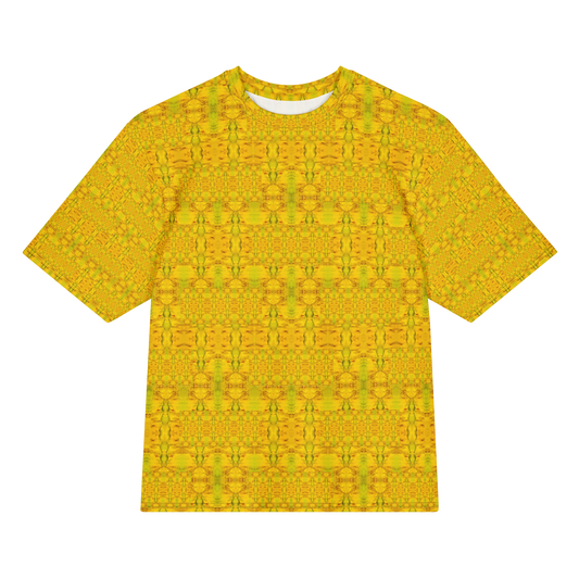 Front view of Purely Jade Light Cotton OverSized T-Shirt with gold-dominant yellow jade field, fine green vertical lattice, and subtle horizontal bands, and patterned sleeves by RJSTH.