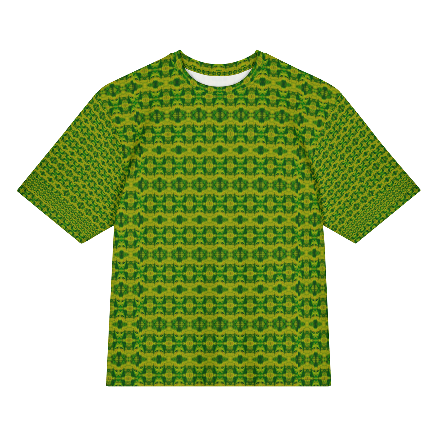 Front view of Purely Jade Light Cotton OverSized T-Shirt with bright yellow-green small medallion lattice field, and patterned sleeves by RJSTH.
