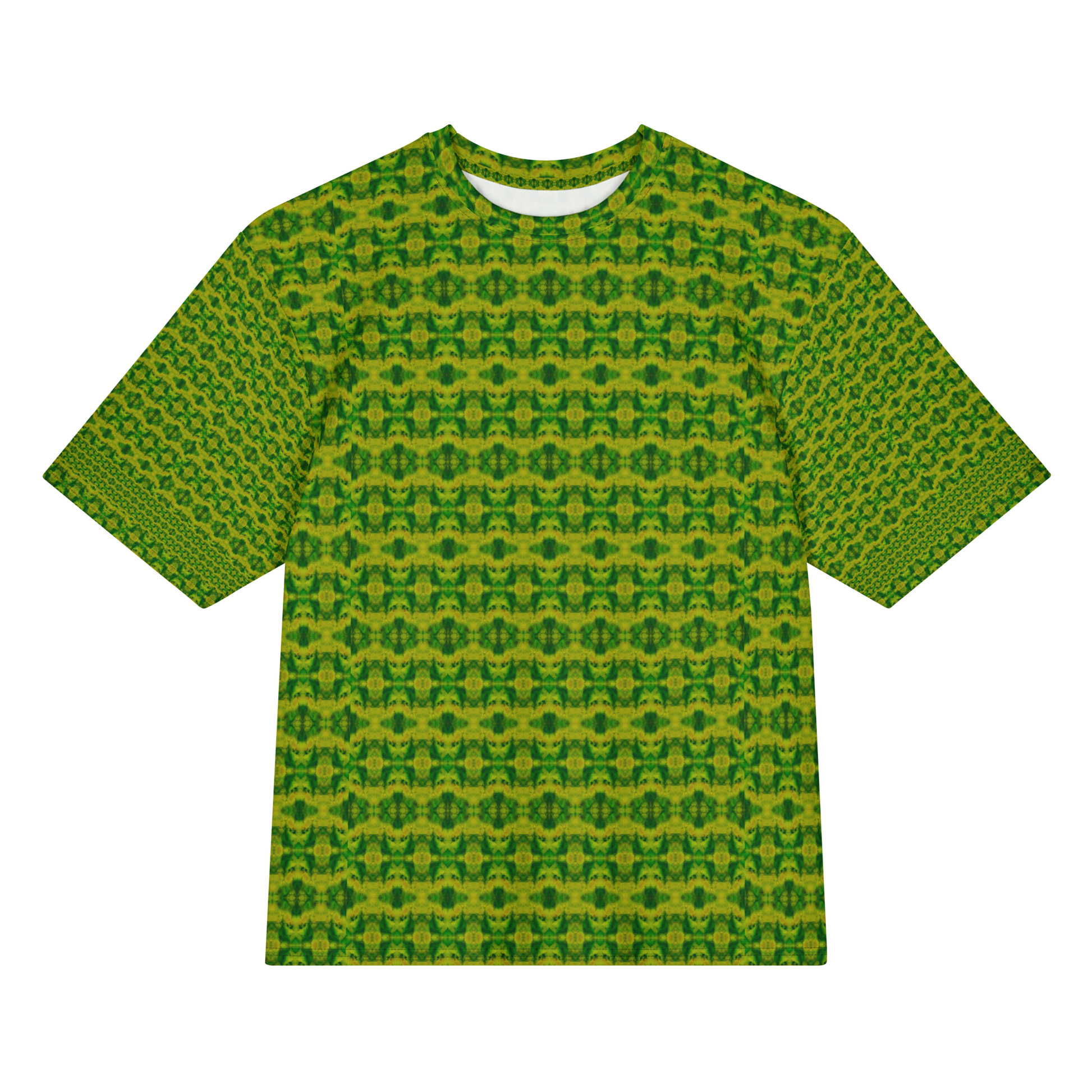 Front view of Purely Jade Light Cotton OverSized T-Shirt with bright yellow-green small medallion lattice field, and patterned sleeves by RJSTH.