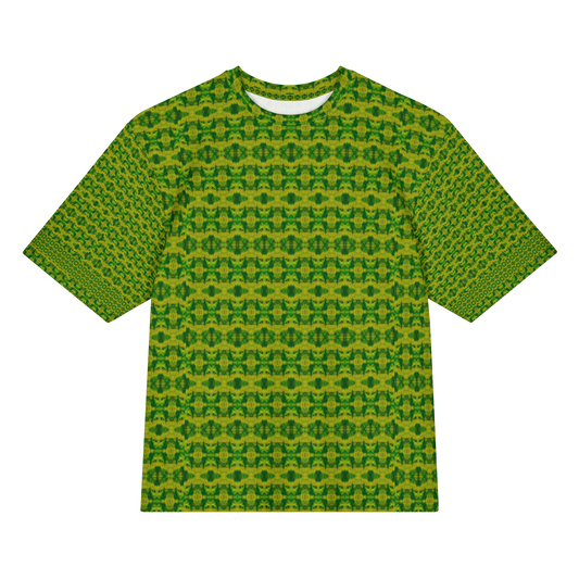 Front view of Purely Jade Light Cotton OverSized T-Shirt with bright yellow-green small medallion lattice field, and patterned sleeves by RJSTH.