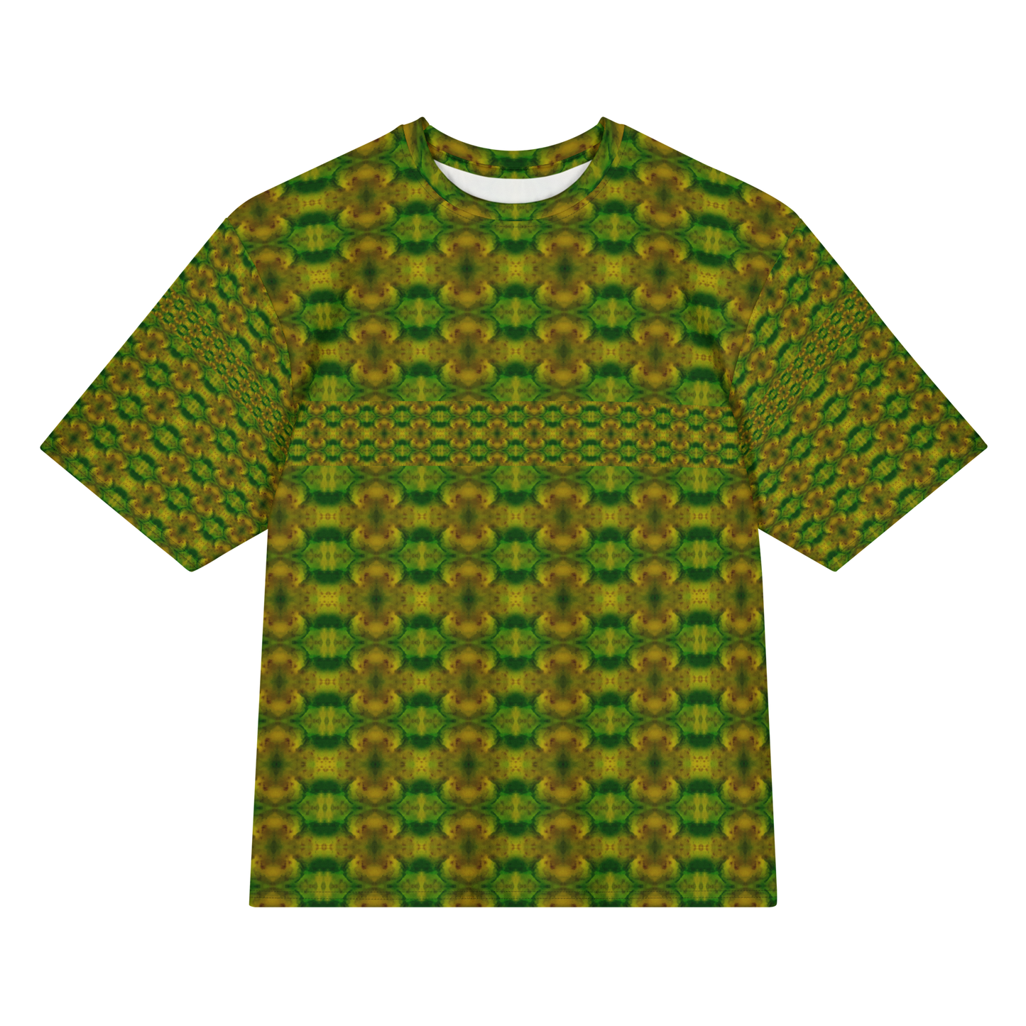 Front view of Purely Jade Light Cotton OverSized T-Shirt with green-gold medallion repeats and a horizontal small lattice band across the body, and patterned sleeves by RJSTH.