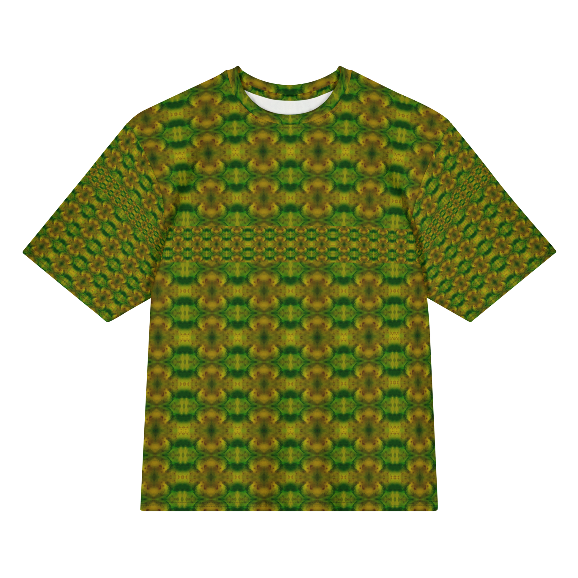 Front view of Purely Jade Light Cotton OverSized T-Shirt with green-gold medallion repeats and a horizontal small lattice band across the body, and patterned sleeves by RJSTH.